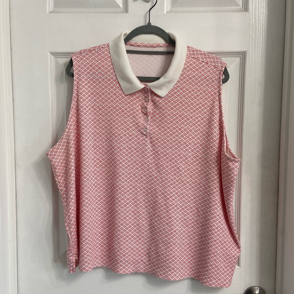 Lands’ End Women’s Sleeveless Polo Shirt 3X Pink White Pattern Comfortable Airy